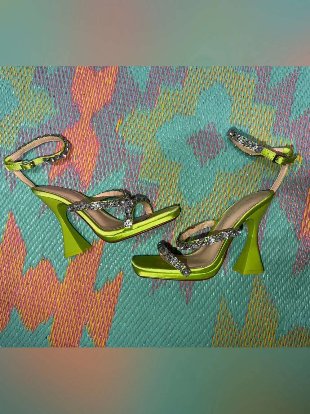 Betsey Johnson Neon Lime Satin Crystal-Strap Platform Heels